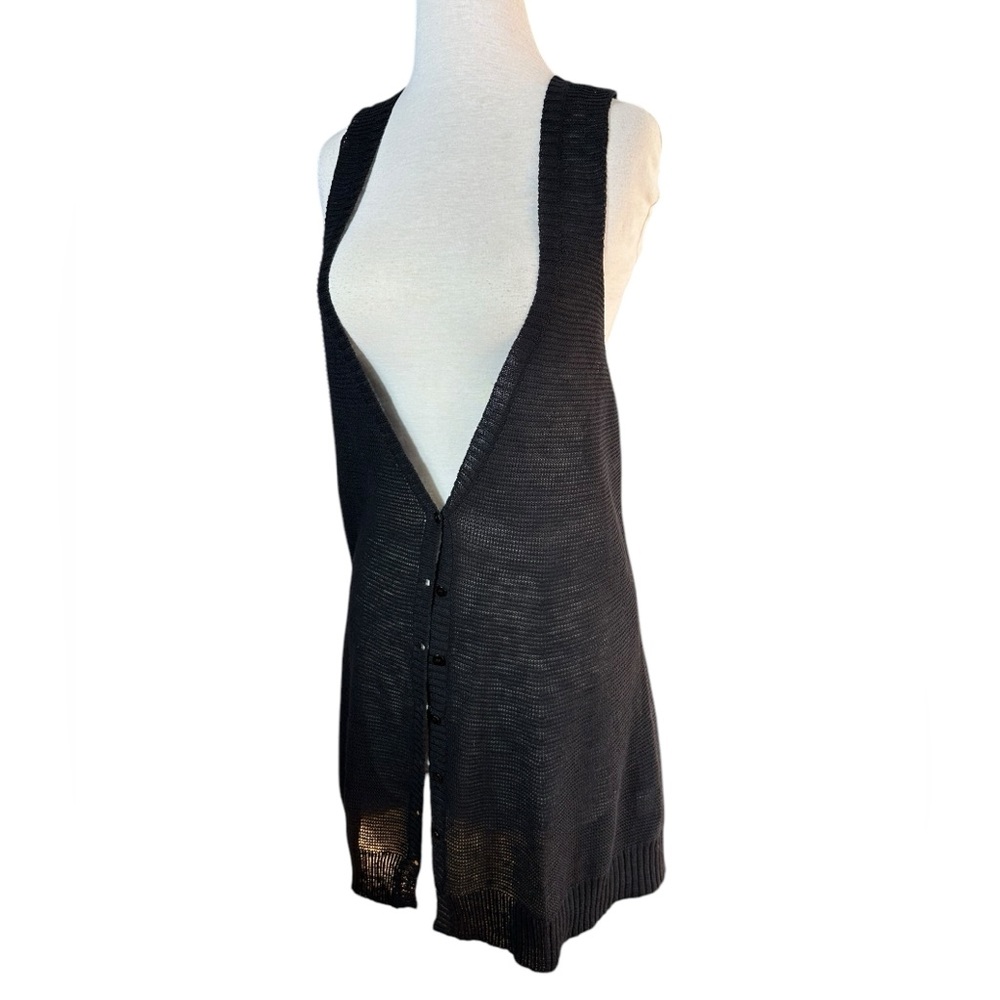 Eileen Fisher 100% Linen Knit Black Sleeveless Oversized Cardigan Vest